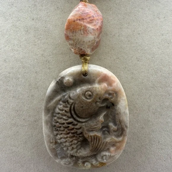 Handcrafted Coral Fossil Jade Fish Carving Pendant Necklace on Adjustable Rope - Picture 6 of 13